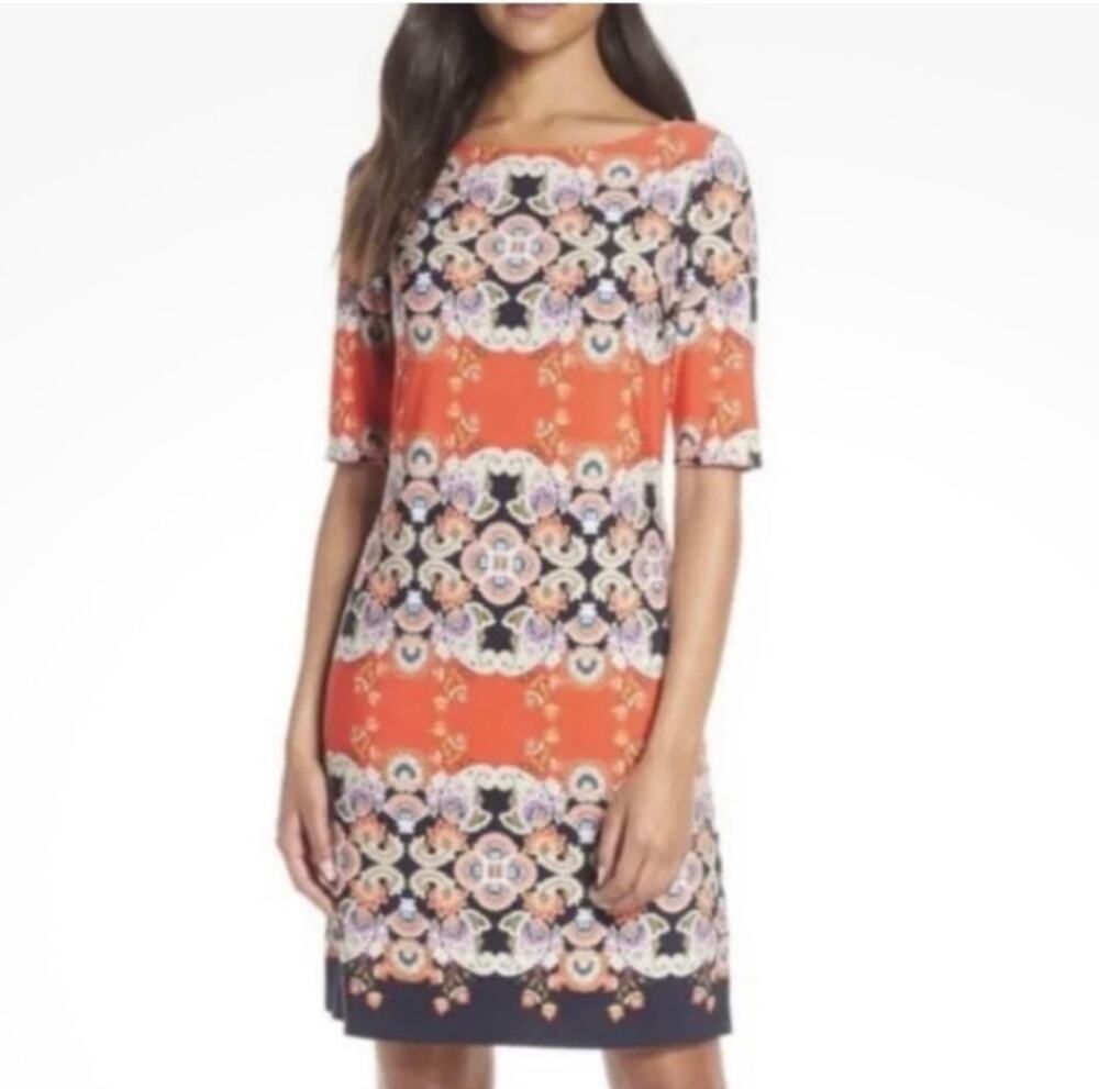 Eliza J Floral Paisley Shift Dress Orange Navy Size 4